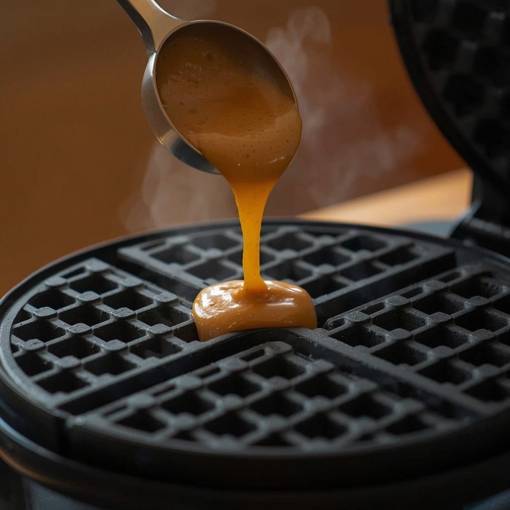 Pumpkin waffle batter being poured into a hot waffle iron