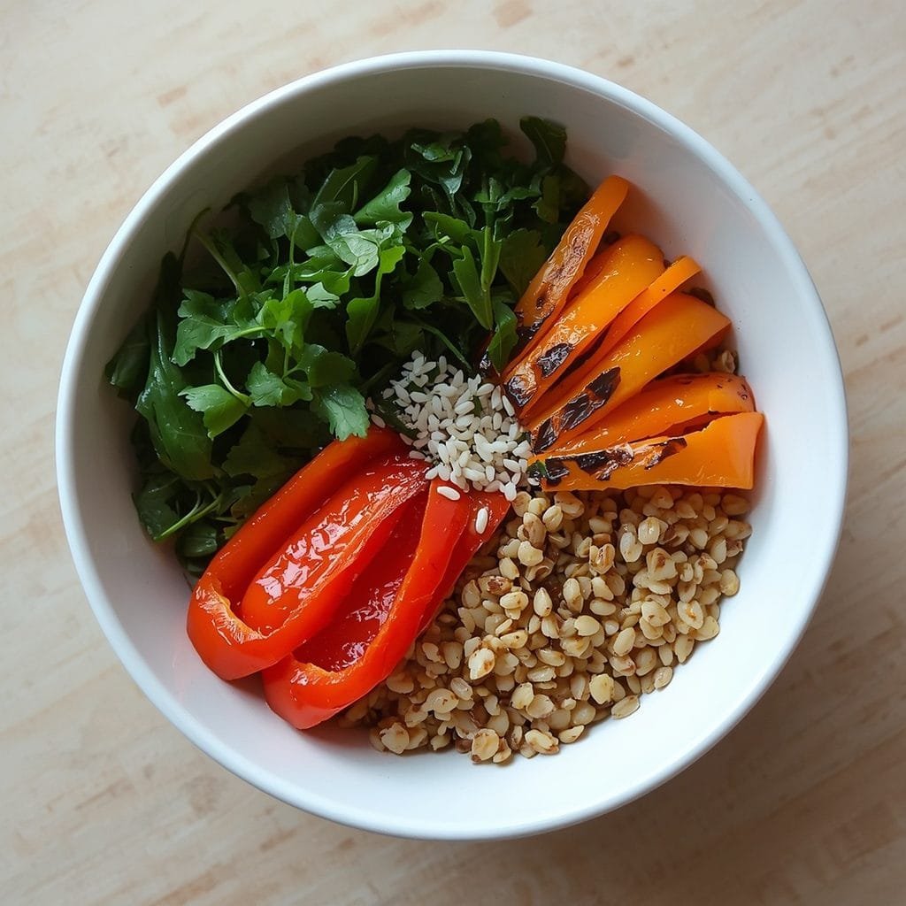 Roasted sweet peppers served on a grain bowl with greens
