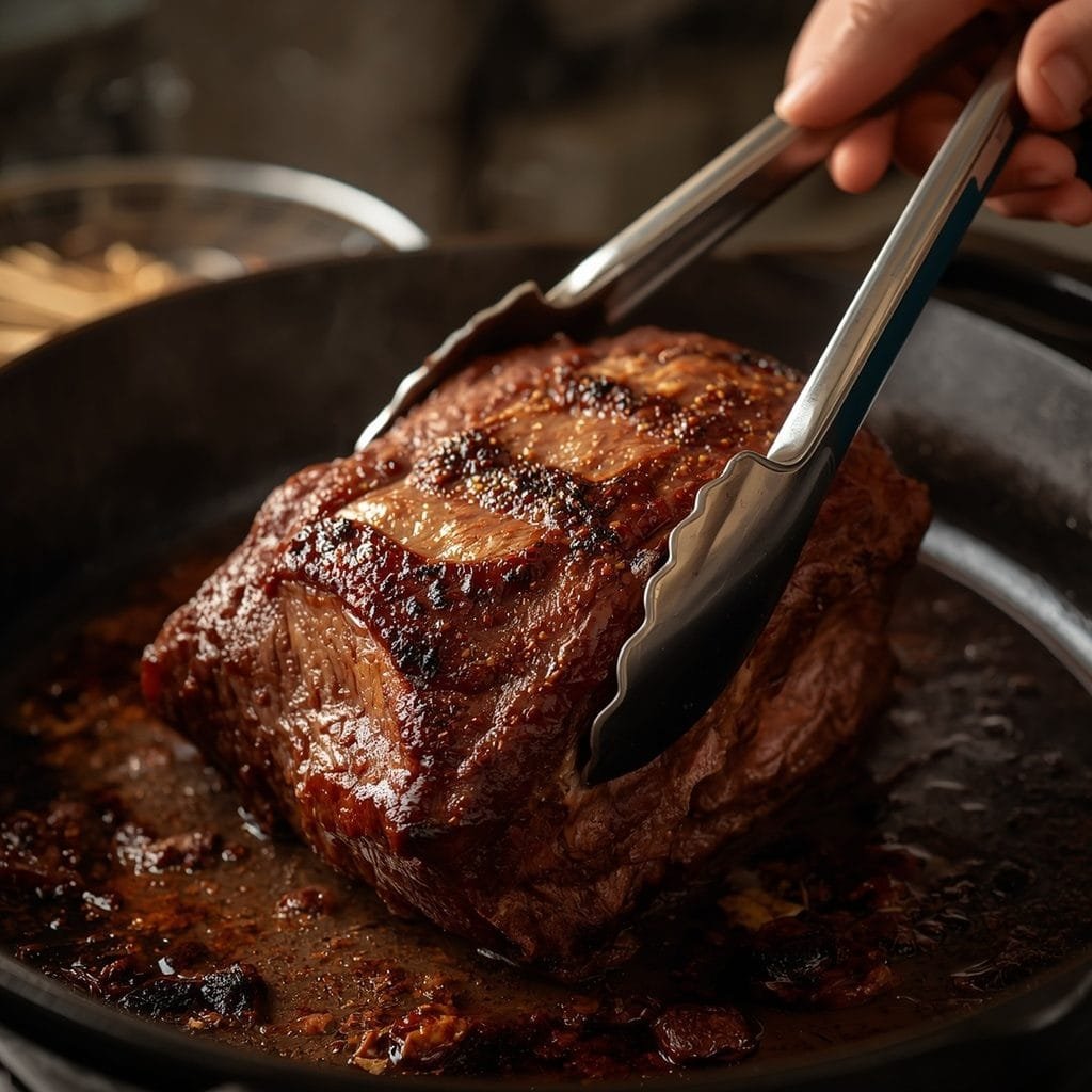 Beef roast being seared in a hot skillet for a French dip sandwich