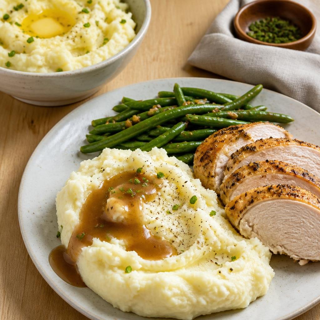 creamy homemade mashed potatoes served with roast chicken gravy and green beans