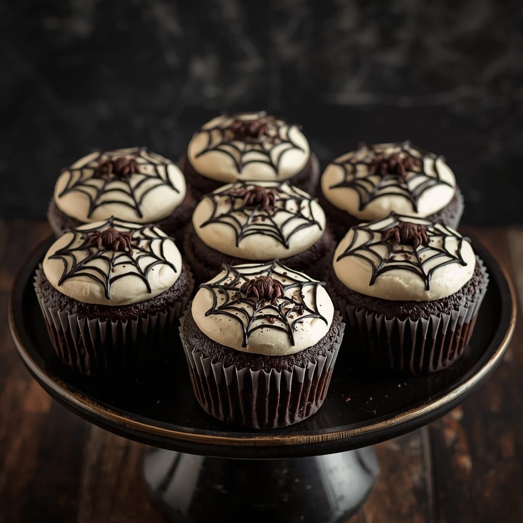 Finished chocolate spider web cupcakes decorated for Halloween