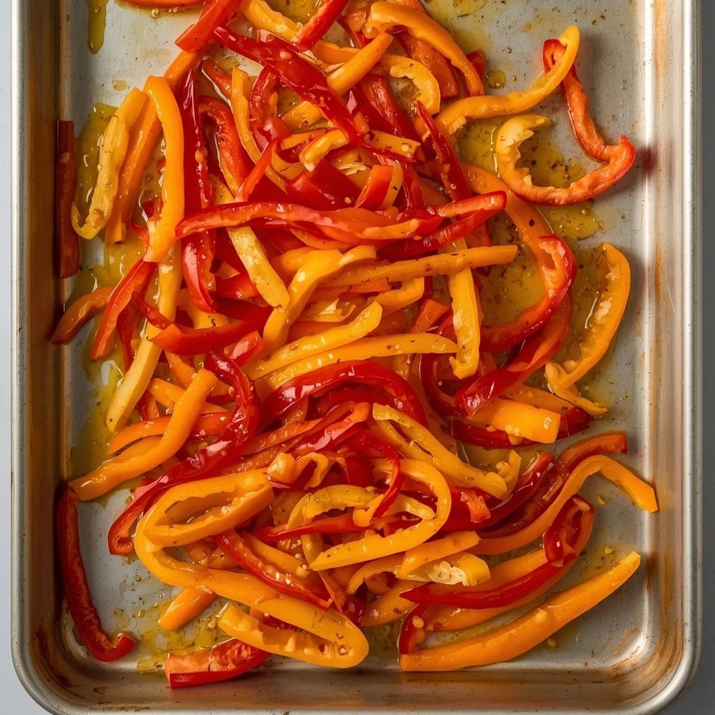Sliced sweet peppers tossed in olive oil on a baking sheet