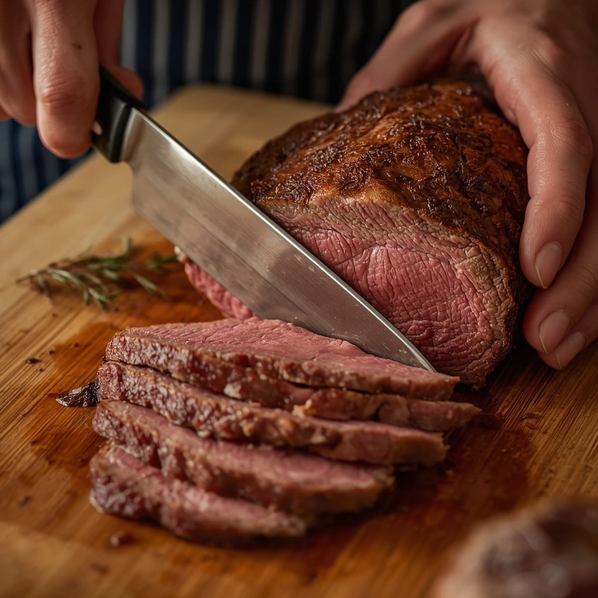 Thinly sliced roast beef for a French dip sandwich, sliced against the grain