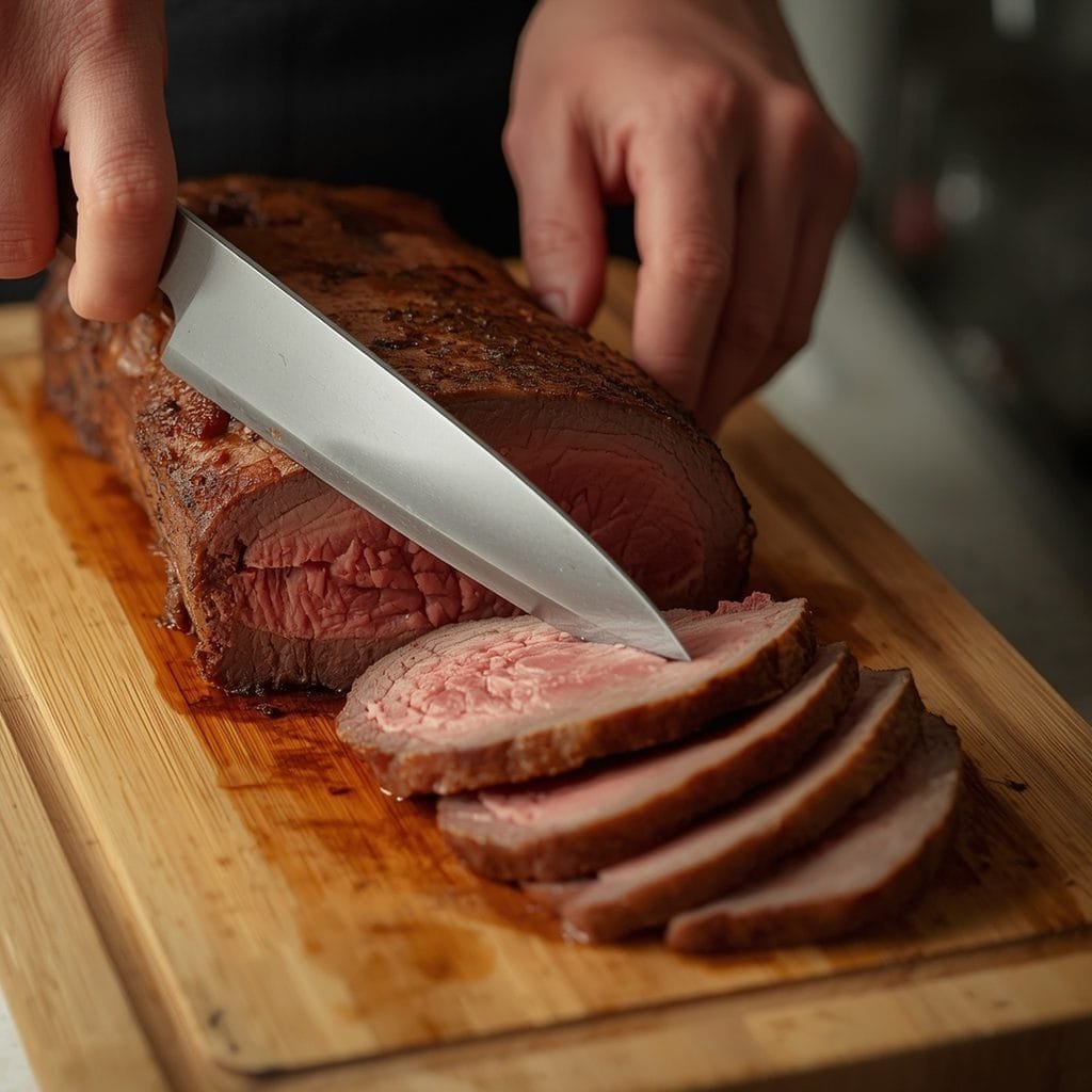 Thinly sliced roast beef prepared for a French dip sandwich
