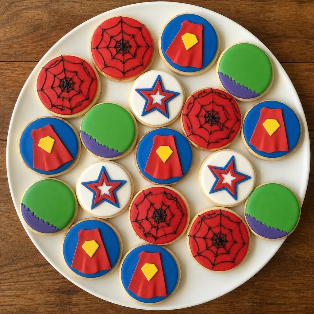 A batch of decorated hero cookies including Spiderman, Superman, and Hulk designs