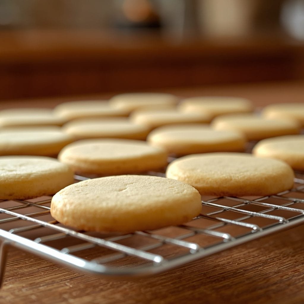 Cut-out sugar cookies cooling on a wire rack before decorating