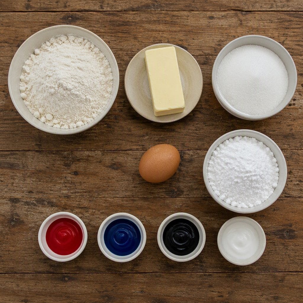 Flat-lay of spiderman cookies ingredients including flour, butter, and gel food coloring
