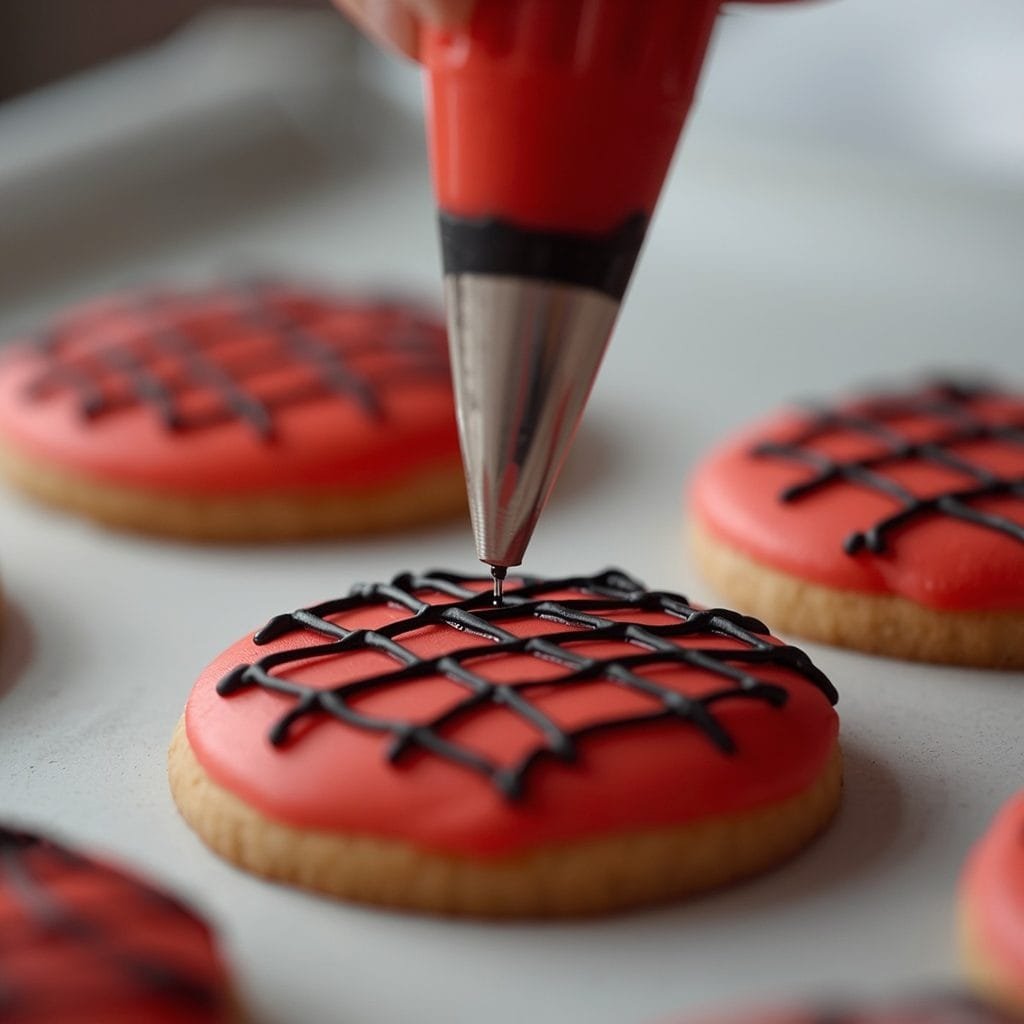 Royal icing being piped into a web pattern on a spiderman cookie