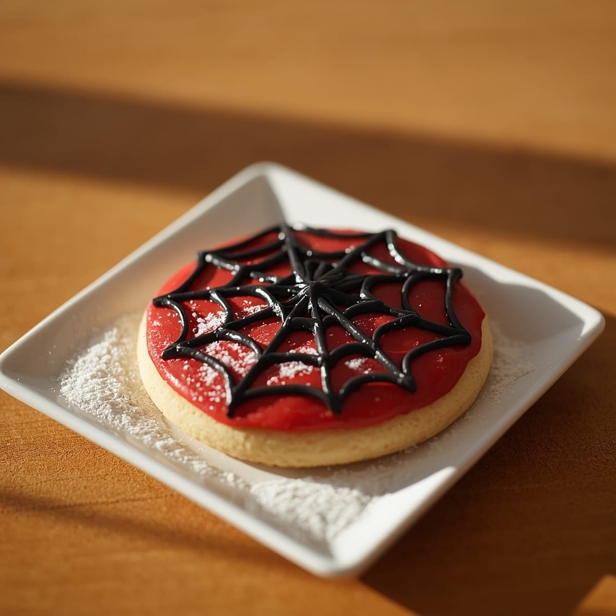 Close-up of a single spiderman cookie with a red base and black web design