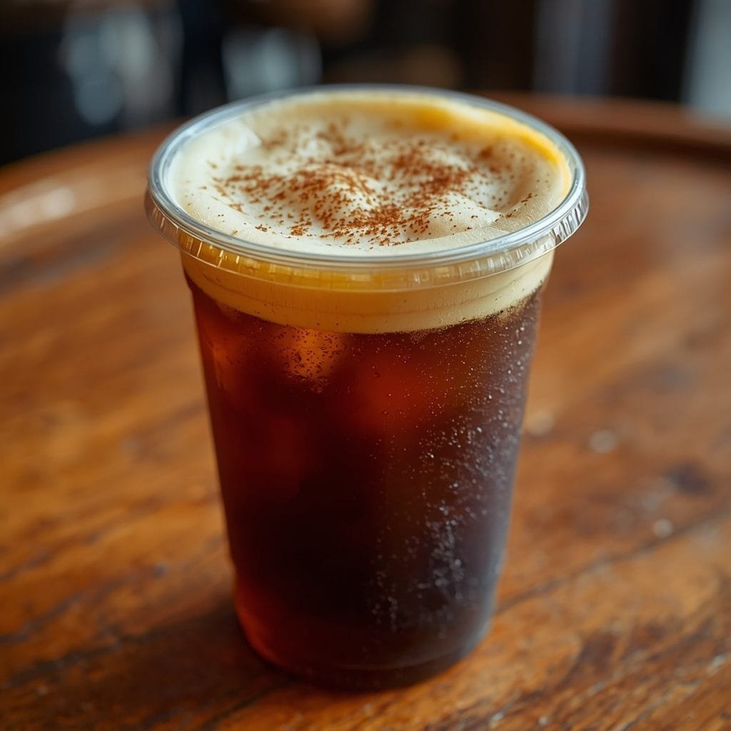 Iced pumpkin cream cold brew in a clear cup with pumpkin cream cold foam