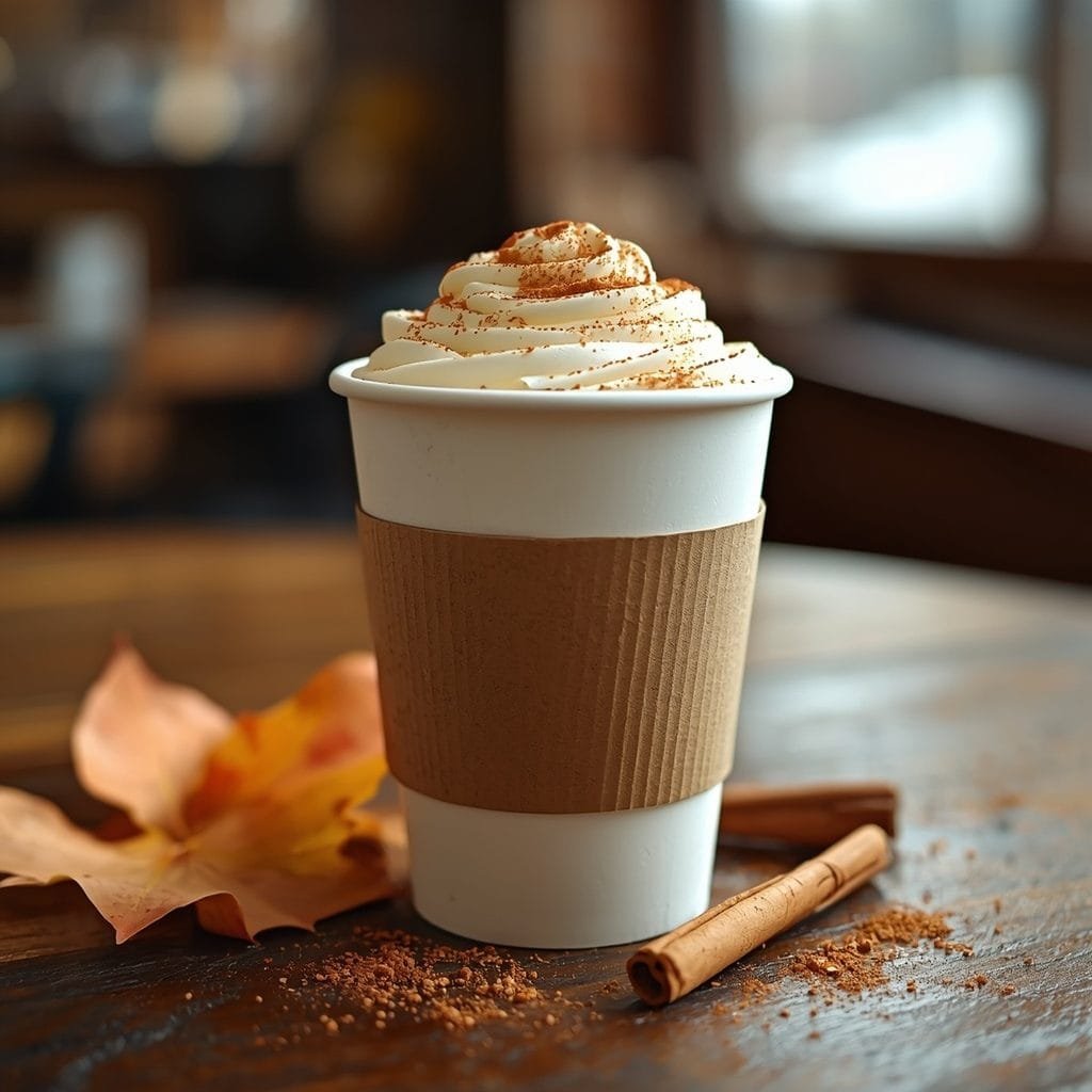 Pumpkin spice latte topped with whipped cream and pumpkin spice on a wooden café table