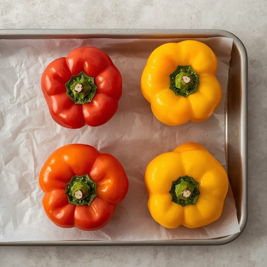 Whole sweet peppers arranged in a single layer on a parchment-lined baking sheet before roasting