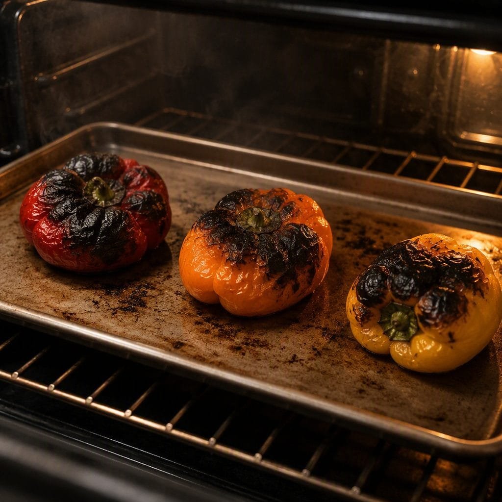 Whole sweet peppers roasting in the oven with blistered, charred skin