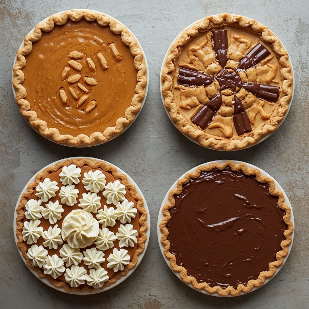 A selection of Dolly Parton-inspired pies including butterscotch, peanut butter, and chocolate