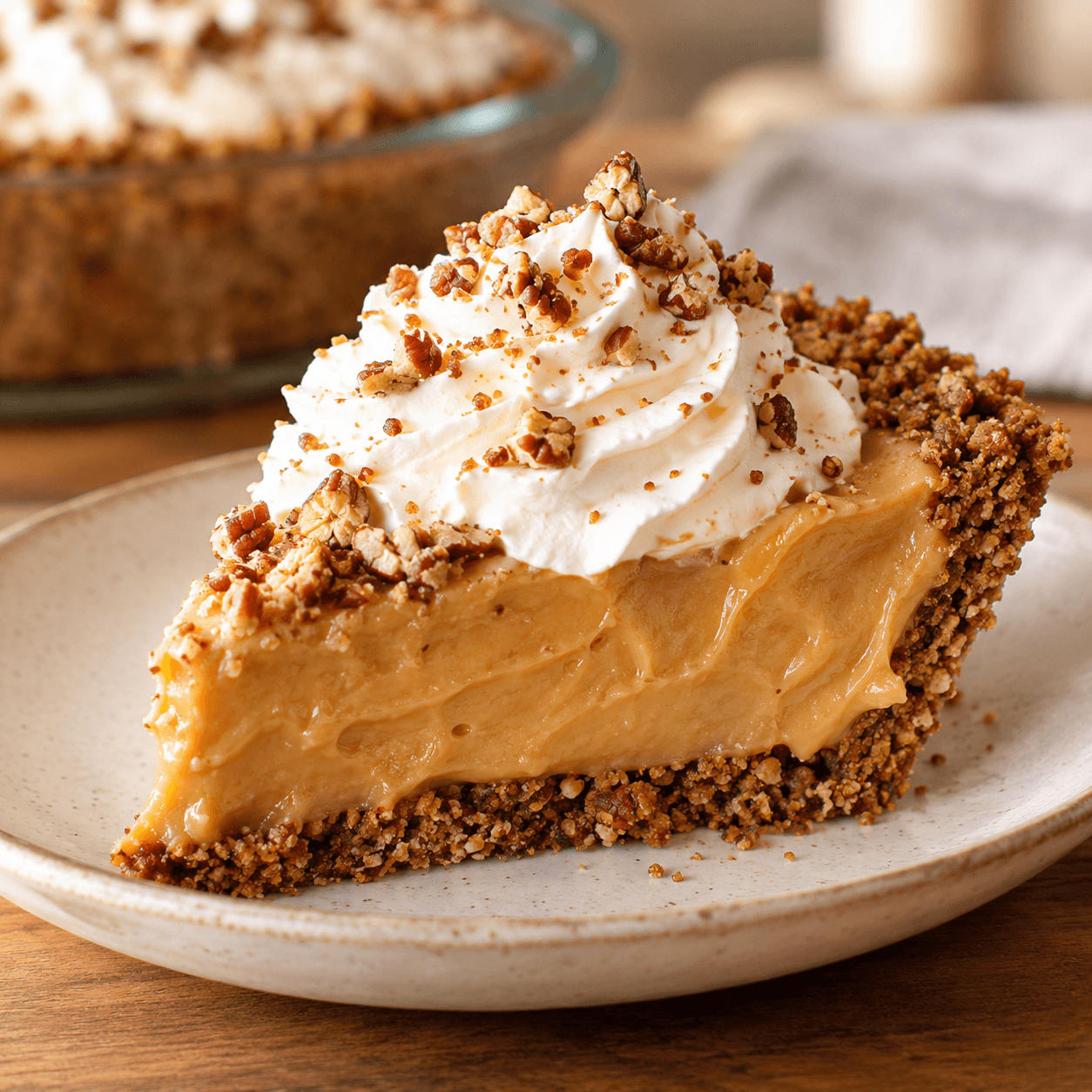 Slice of Dolly Parton butterscotch pie with creamy filling, toasted pecan crust, whipped cream, and chopped pecans